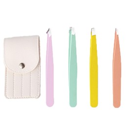 Tweezers 4 Pack 4 Colors Painless Rust Proof Square Bottle Remover Tweezers Eyebrow Puller Eyelash Pucker Nose Tweezers Lip Tweezers Angled Flat Pointed Hook Free Storage Bag