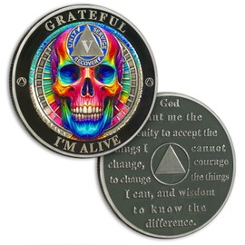 Rainbow Skull 5 Year Sobriety Coin Grateful I'm Alive Five Years Sober Chip - AA Chips and Medallion - AA Coin with Serenity Prayer Sobriety Gifts for Men Women