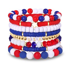 FAERLIIRY 4th of July Bracelet Red White Blue Bracelets American Flag USA Clay Beaded Heishi Stretch Stackable Bracelets Patriotic Friendship Bracelet Surfer Preppy Summer Beach Jewelry (American-B8)
