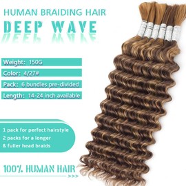 Ombre Braiding Hair for Boho Braids Deep Wave Bulk Human Hair for Braiding Wet and Wavy for Boho Braids Curly Human Hair Extensions 24 Inch 6 Bundles/Pack 150g Ombre Balayage 4/27#