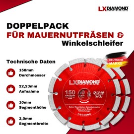 LXDIAMOND 2 x Diamond Cutting Disc 150 mm x 22.23 mm for Angle Grinder Wall Chaser Slot Cutter - 150 mm Diamond Disc for Stone Concrete Brick Masonry - 150 mm Stone Disc in Professional Quality