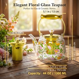 dingdaer Glass Teapot Stovetop 44 oz/1300ml, Borosilicate Clear Tea Kettle, Tea pot with Removable Stainless Steel Infuser, Flower teaTea Leaf Teapot Maker Tea Brewer for Camping, Travel