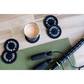 Juego de posavasos de pesas con placa de barra redonda de 6 piezas, posavasos de silicona negros redondos para mesa de café, posavasos absorbentes para bebidas, regalos de gimnasio para hombres y