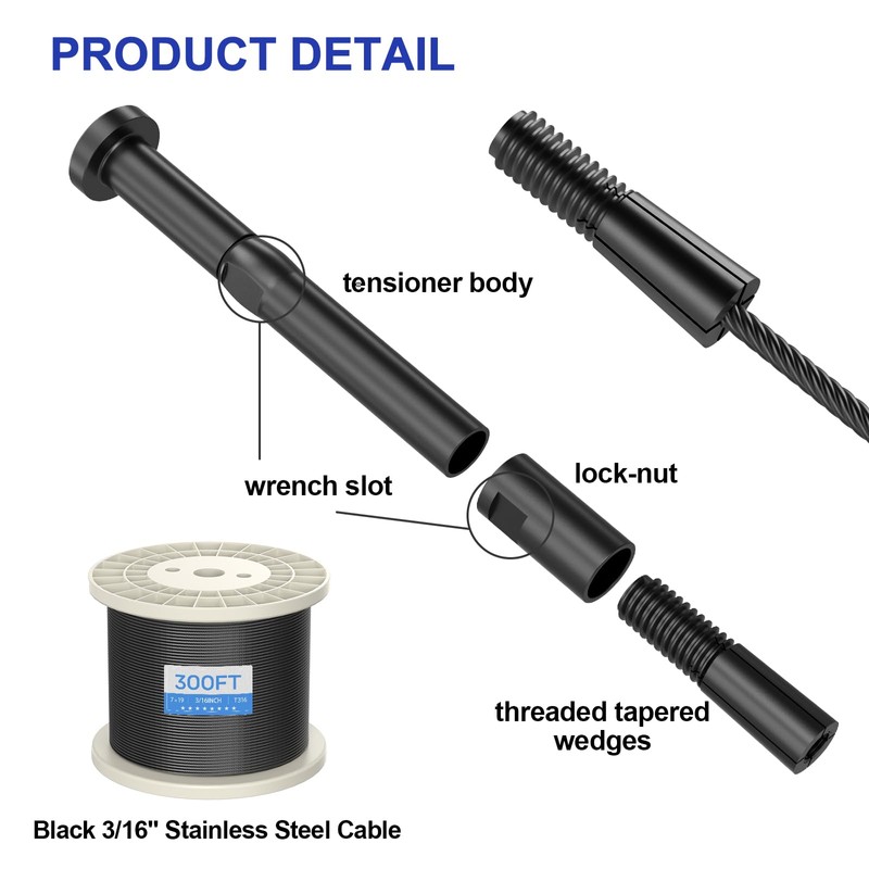 BLIKA 20 Pack 3/16" Black Swageless Invisible Cable Railing Kits