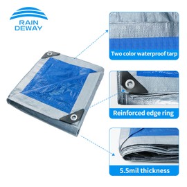 RAINDEWAY Silver/Blue Tarps 8x10 Feet, 5.5 Mil - Multipurpose Waterproof Poly Tarp Cover with Metal Grommets and Reinforced Edges