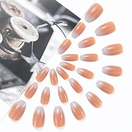 Handcess Coffin Glossy False Nail Medium Ballerina Press on Nails Pink Gradient Acrylic Art Full Cover Fake Nails Stick on Nail for Women and Girls(24Pcs)