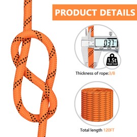 X XBEN Braided Polyester Arborist Rope 3/8 inch X 120ft, 48 Strands, 3430 LBS Breaking Strength Outdoor Rope, Arborist Rigging Rope for Rock Hiking Camping Swing Tree Rescue, Orange