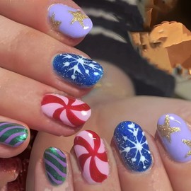 Christmas Press on Nails Medium Oval French Tip Fake Nails Multicolor False Nails with Designs Snowflake Star Candy Full Cover Glue on Nails Glossy Acrylic Nails for Women Girls 24 Pcs