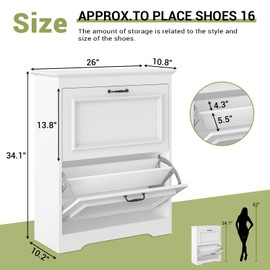 Brinlawb Shoe Cabinet with 2 Flip Drawers, Shoe Storage Cabinet with Metal Flip Stand, Back Dust Plate, Hidden Shoe Rack Cabinet, Free Standing Shoe Organizer for Entryway, Foyer, Hallway, White