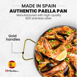 Machika Stainless Steel Paella Pan | Cooking Pan | Stainless Steel Skillet for Paella and Rice Recipes | Stainless Steel Valencian Paella Pan with Gold Handles | 5 Servings | 13 inches |