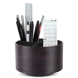 Czzmy Round Pen Holder, Leather, 360° Rotatable, Remote Control Holder, Rotating Bedside Table, TV Remote Control, Desk Organiser for Pens, Office Supplies, Storage Box (1 Dark Brown)