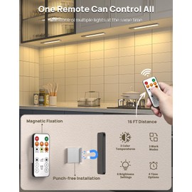 Under Cabinet Lighting with Remote Control,USB Rechargeable 180 Lumen Motion Sensor Light Indoor,Magnetic Wireless Under Counter Light,3 Color Dimmable Closet Lights for Kitchen, Pantry, Stair, 6 Pack