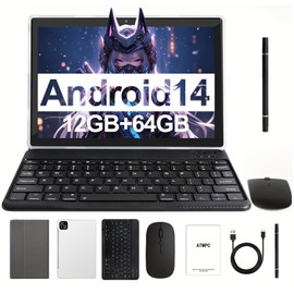 ATMPC Tablet, 10.1" Android 14 Tablets Octa-Core Processor 12GB RAM 64GB ROM HD IPS Touchscreen, 2 in 1 Tablet with Keyboard, Mouse, Stylus, 8H Battery, WiFi 6, BT 5.4, Dual Camera