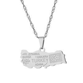 LUTAKU Turkey Map Necklace for Women Men, Turkish Necklace Pendant Charm Chain, Stainless Steel Map Jewelry Accessories (SILVER)