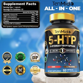 Tenmido 5-HTP & GABA Supplements - 4in1 with Vitamin B6, L-Theanine - Relaxation Support - 60 Vegan & Non-GMO Capsules