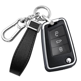 HIBEYO Key Case Cover for VW Golf 7 Car Key Cover for Volkswagen Polo Tiguan MK7 Sagitar T-ROC Lavida Accessories with Keychains Alloy PU Leather Material Key Fob Holder Protector-Silver Black