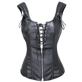 bslingerie Womens Black Faux Leahter Wetlook Bustier Corset (L, Black (Overbust))