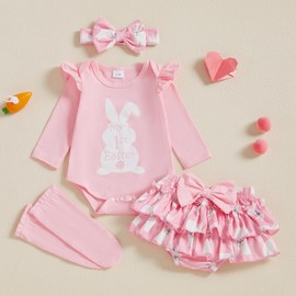 BeQeuewll Newborn Baby Girl Easter Outfit Bunny Clothes Long Sleeve Romper+Bloomers Tutu Skirt+Socks+Headband 4Pcs (1st Easter, 6-9 Months)