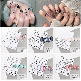Black White Nail Art Stickers Star Heart Nail Decals Cute Bow Hearts Star Shapes Simple Shiny Pentagram Love Bow Nail Art Designs 3D Self-adhesive Press On Nail Art Charms Sticker Nail Decoration 6PCS