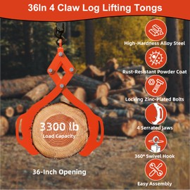 Tolpassa Log Lifting Tongs 36 Inch - 3300LBS Load Capacity Heavy Duty Log Grapple with 4 Serrated Claw Hooks & Handles, Logging Tongs for Tractors, Trucks, Forklifts, Orange