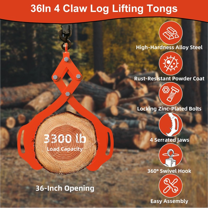 Tolpassa Log Lifting Tongs 36 Inch - 3300LBS Load Capacity