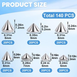 SmallCat 140PCS Silver Spike Cone Studs, Cool Punk Bullet Cone Studs, Spikes for Crafts, DIY Rivets Glue on Leather Clothes, Shoes, Accessories for Daily Life or Special Festivals - 7 Styles