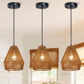 3 Packs Rattan Pendant Light, 9” Boho Black Hanging Light Fixture Kitchen Island, Natural Hand-Woven Pendant Light, Adjustable Farmhouse Chandelier For Sink Island Bar Foyer Bedroom Dining Room