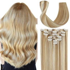 Befana Clip in Hair Extensions,22inch 7 Pcs 90g #18A/613A Dark Blonde Highlighted Bleach Blonde Human Hair Extensions Clip ins,Silky Strainght for Women Girls 22in #P18A/613A