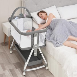 Baby Bassinet,3 in 1 Bedside Bassinet for Baby with Hanging Toys, Portable Foldable Baby Bassinets Bedside Sleeper,4-Sided Mesh Bedside Crib with Wheels and Storage Basket,7 Height Adjustable (Black)