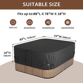 iBirdie Outdoor Waterproof Rectangular Hot Tub Cover 89 x 79 inch fit 88 x 78 or 87 x 77 or 86 x 76 SPA 600D Heavy Duty Rectangle Weatherproof Protectors Protective Cover Cap