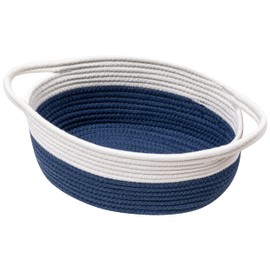 UBBCARE Small Woven Basket for Gifts, Cotton Rope Storage Baskets for Shelf, Gift Baskets Empty with Handle, Dog Toy Baskets for Organizing, White & Navy Basket for Nursery (12"x 8" x 5")