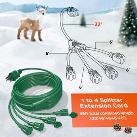 Stright 1 to 4 Splitter Extension Cord (Combined 46 FT, End to End 28 FT), 3 Prong Plug with 4 Extended Outlets, with Weatherproof Covers for Indoor and Outdoor, 16AWG/3C SJTW ETL Listed
