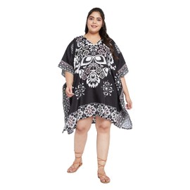 Oussum Women Plus Size Kimono Tunic Kaftan Polyester African Dashiki Caftan Short Loungewear Summer Short Mini Dress for Girl (Black Printed Short Caftan)
