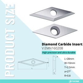 FHONK Diamond Tungsten Carbide Inserts Replacement Cutters, Ci4 Woodworking Tool Accessories, DIY Wood Lathe Turning Tools, 10x28x2.5mm, 10 Pieces (VEMN160208)