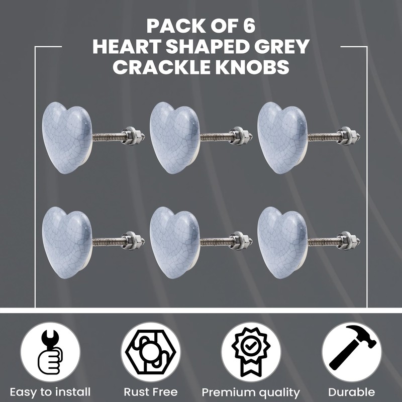 ETHNICITI Pack of 6 Heart Grey Crackle 40mm Ceramic Door