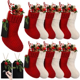 Zubebe 12 Piezas Mini Medias Navideñas Calcetín Navideño de Punto Rústico con 12 Etiquetas para Nombres Medias Colgantes para Chimenea de Navidad Familiar Medias Decorativas Navideñas, Rojo, Marfil
