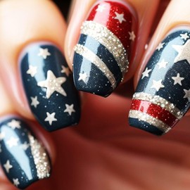 Independence Day Press on Nails Medium Square Fake Nails Red Blue False Nails with Glitter Designs Star Acrylic Nails Patriotic Holiday Stick on Nails 4 of July Glue on Nails for Women 24Pcs