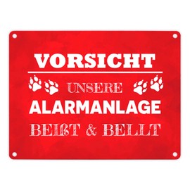 Vorsicht unsere Alarmanlage beißt & bellt Metal Sign in 15 x 20 cm in Red Decoration Funny Saying Dog Pet Warning Burglar Dog Friend Gift Idea