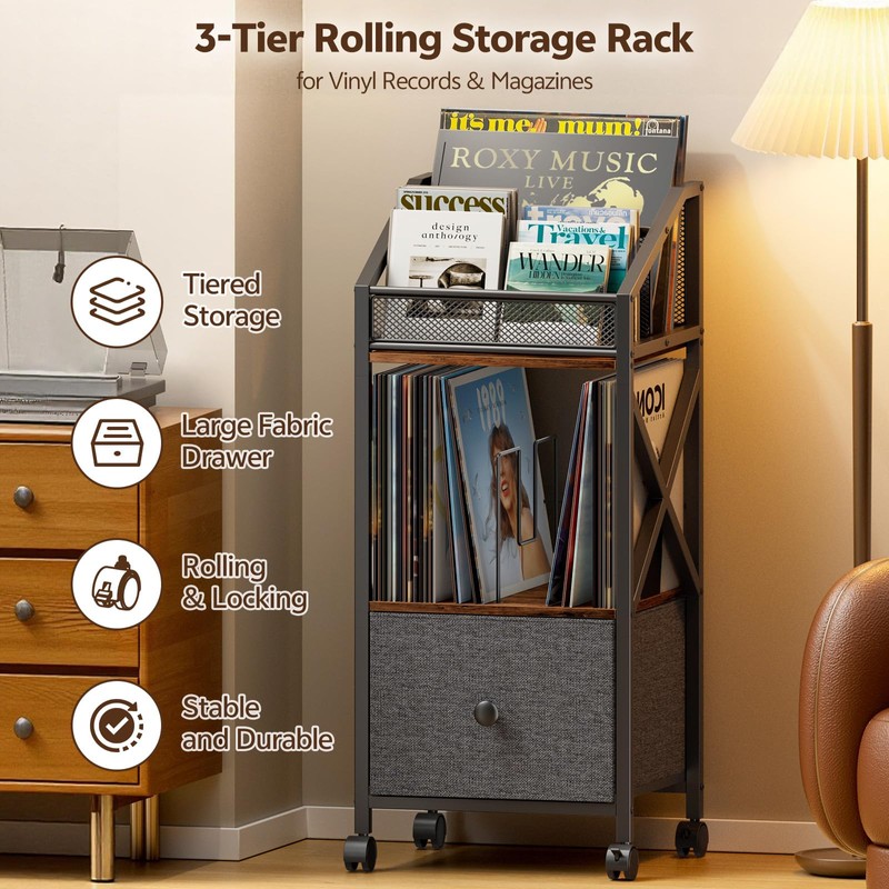 Portin Rolling Vinyl Record Storage Rack, Multi Magazine Holder