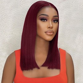 Amygirl Wear and Go Glueless Wigs Human Hair Pre Plucked Pre Cut Straight Bob 13x4 Lace Front Burgundy Human Hair Wig Bob Glueless Human Wigs for Black Women, 180 Density, Burgundy, 14 Inch