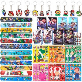 66 Pieces Party Bags Children's Birthday, Super Birthday Decoration, 12 DIY Stickers, 12 Key Buckle, 12 Snap Bracelets, Children, 12 Birthday Bags, 18 Birthday Bags Stickers