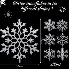 12 Pack Large Snowflakes Ornaments 12 Inch Glitter Decorative Hanging Snowflakes Plastic Big Snow Flakes Giant Christmas Snowflake Decorations with 164ft Nylon Thread for Indoor Outdoor Decor (Silver)