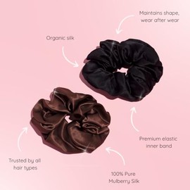 SILKIE Juego de 2 coleteros de seda de morera 100% pura, color crema, rosa, café, negro, grande, de gran tamaño, de seda, para viajes, para el cabello