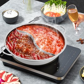 LINISHOP Stainless Steel Hot Pot Dual Sided Cooking Soup Shabu Shabu Hot Pot Set W/Divider & Glass Lid Cookware for Hotel Restaurant Home Round Silver New (34cm/13in)