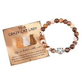 Cat Bracelets for Woman, Nature Stone Beaded Cute Stretch Good Luck Bracelets Birthday for Cat Lover Cat Mom/Daughter/Granddaughter Teen Girls Jewelry Gifts (brown)