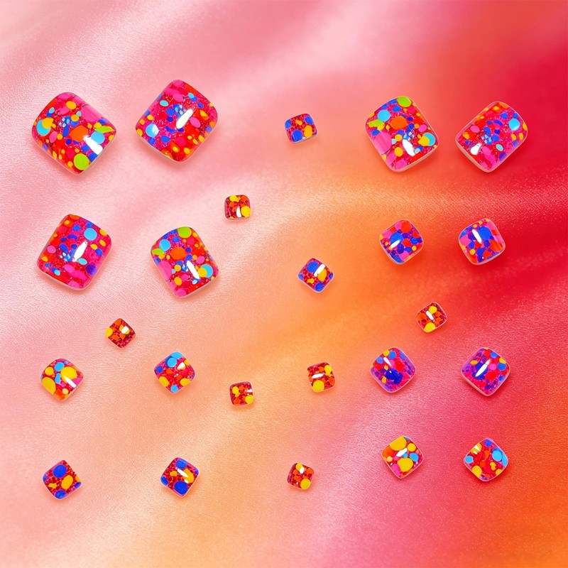 Rainbow Polka Dot Press on Toenails Short Square Fake Toe