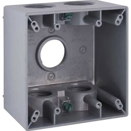 TayMac 5388-0 2-Gang Weatherproof Deep Box with Five 3/4-in. Threaded Outlets (Gray), Weatherproof Box for Outdoor Branch Circuit Wiring, Outdoor Junction Box for Outlet, Switch, or GFCI