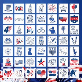Patriotic Stencils for Painting, 49PCS Independence Day Theme Templates 3x3 Clear PET Plastic with Stars and Stripes Patterns for Cards, Cookies, Face Painting and Party Crafts