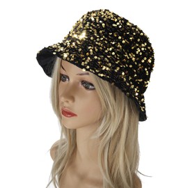 IHAUIUE Sparkly Sequin Bucket Hat Trendy Metallic Fisherman Cap Reversible Packable Fishing Hats for Party Club Dance, Gold, One Size-Large