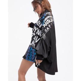 ellazhu Women's Loose Fit Oversized Button-Up Top with Batwing Sleeves High-Low Hem Printed with Newspaper Design GY2749 Black